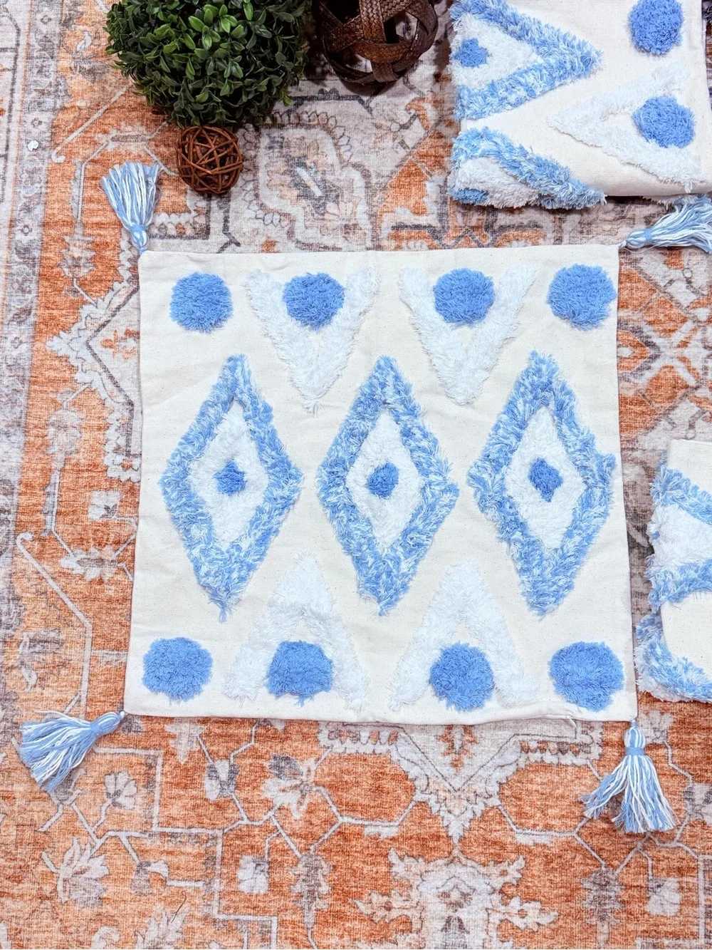Blue & White Geometric Tassel Bath Mat Set - Unbranded